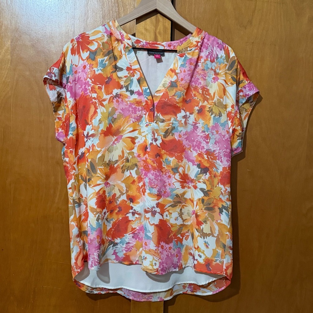 Vince Camuto Floral Blouse Multicolor Hi Low Short Sleeve Large